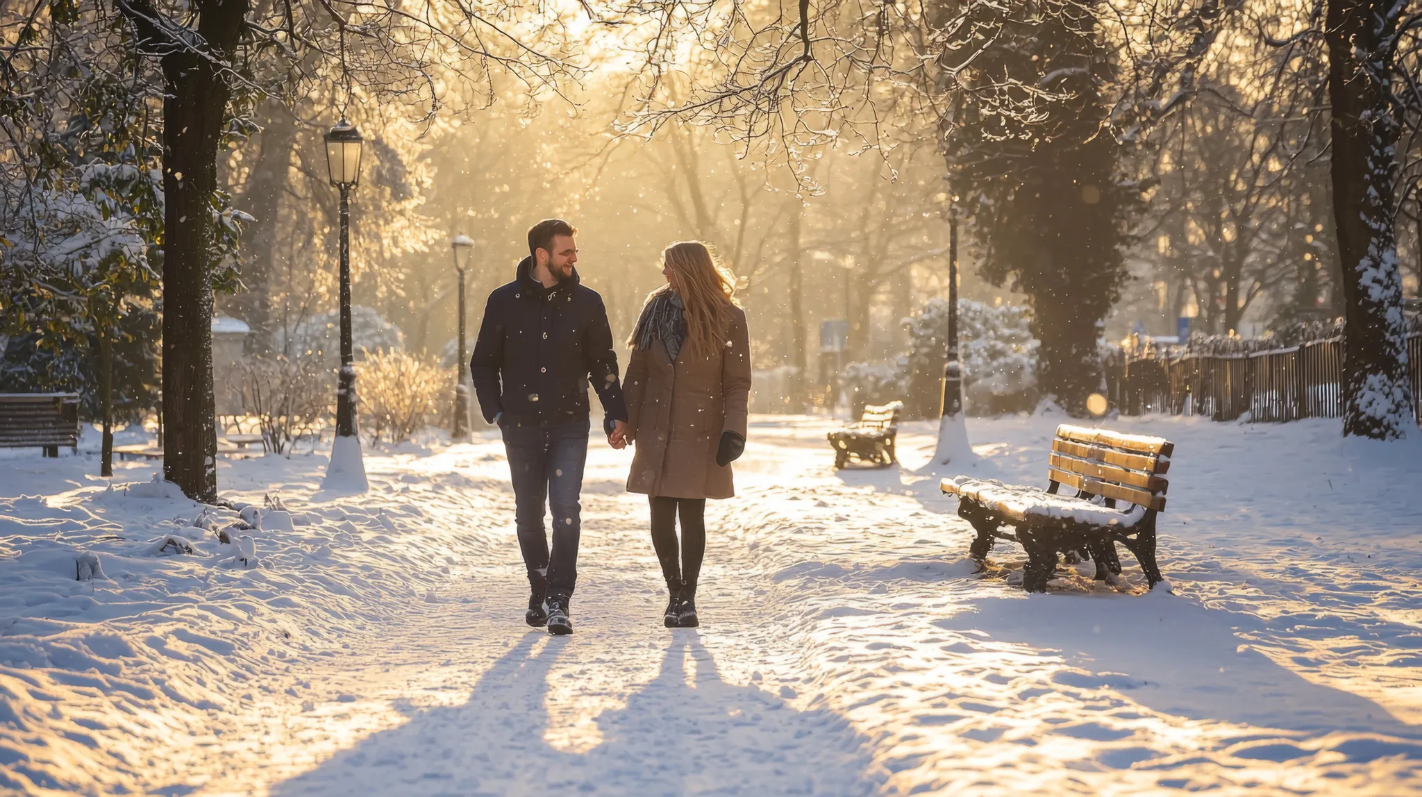 Couple walking together on a quiet Upper West Side street in winter.