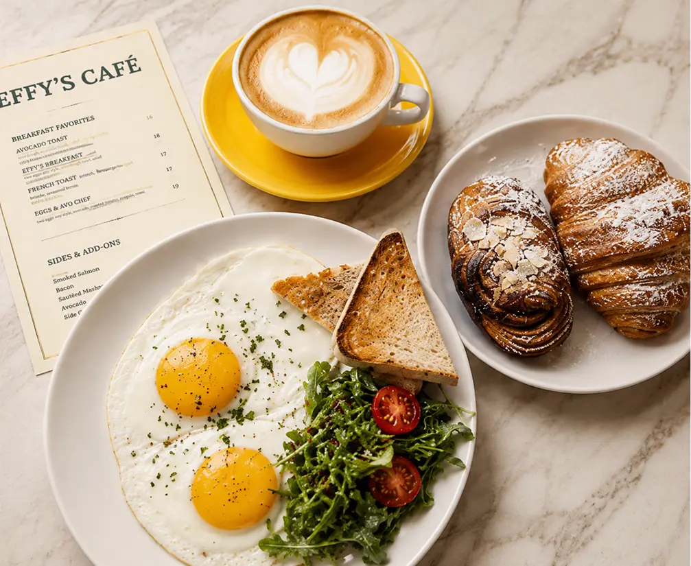 Two plates of breakfast: sunny-side-up eggs, arugula salad, toast, croissants, and a latte with heart latte art.